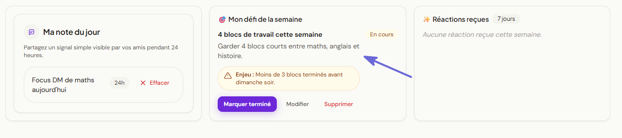 Profil Flowdo avec note du jour, defi de la semaine et reactions recues.